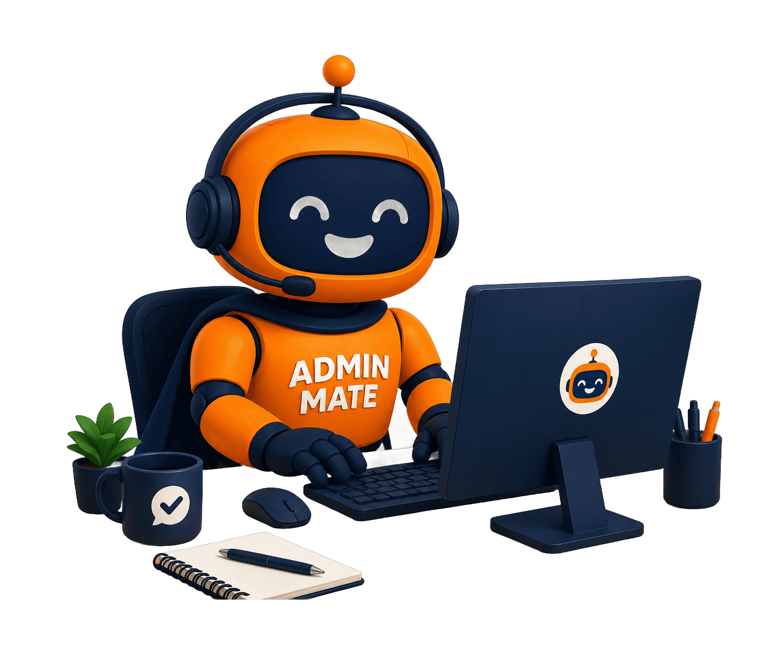 The Adminmate mascot at a desk in a phone headset